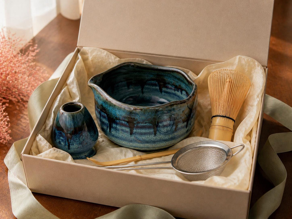 Teal Blue Flow Glaze Matcha Bowl Set product photo 7