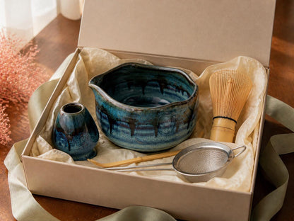 Teal Blue Flow Glaze Matcha Bowl Set product photo 7