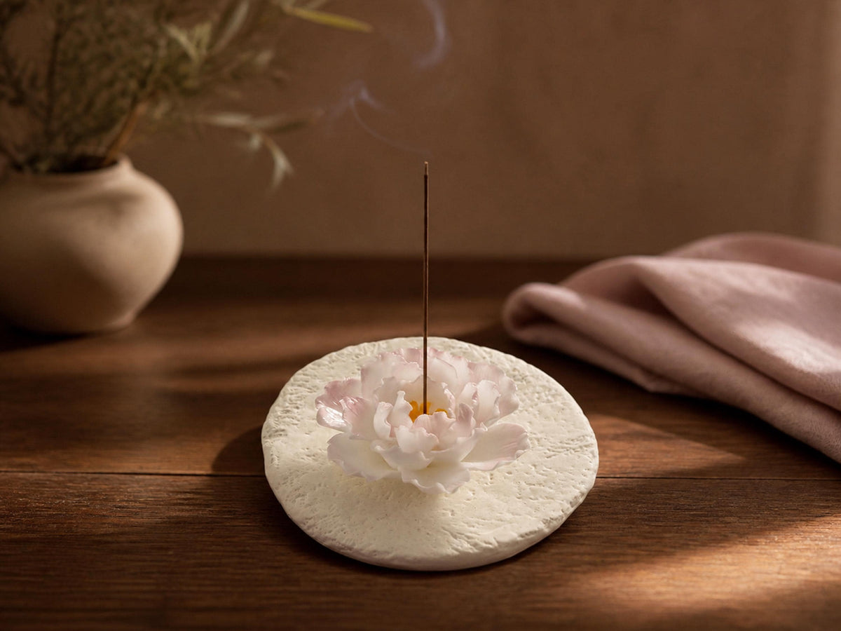 Hand Sculpted Pink Peony Ceramic Incense Holder with Tray product photo 3