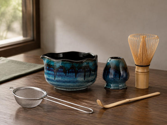 Teal Blue Flow Glaze Matcha Bowl Set product photo 1