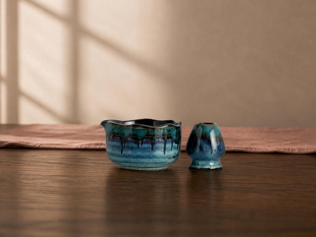 Teal Blue Flow Glaze Matcha Bowl Set product photo 2