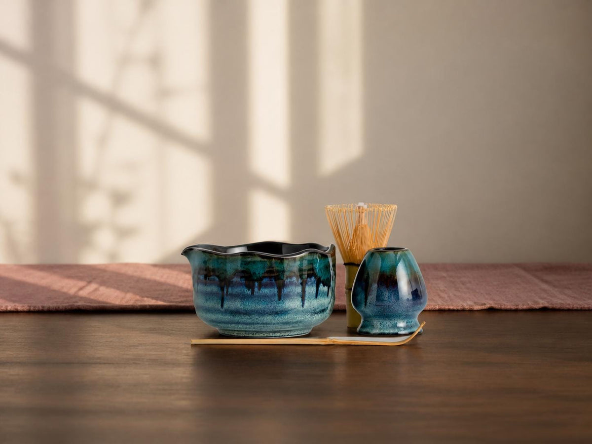 Teal Blue Flow Glaze Matcha Bowl Set product photo 3
