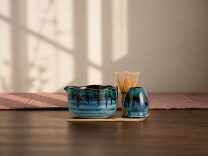 Teal Blue Flow Glaze Matcha Bowl Set product photo 3