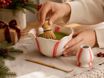 Red Striped Petal Matcha Bowl Set product photo 5