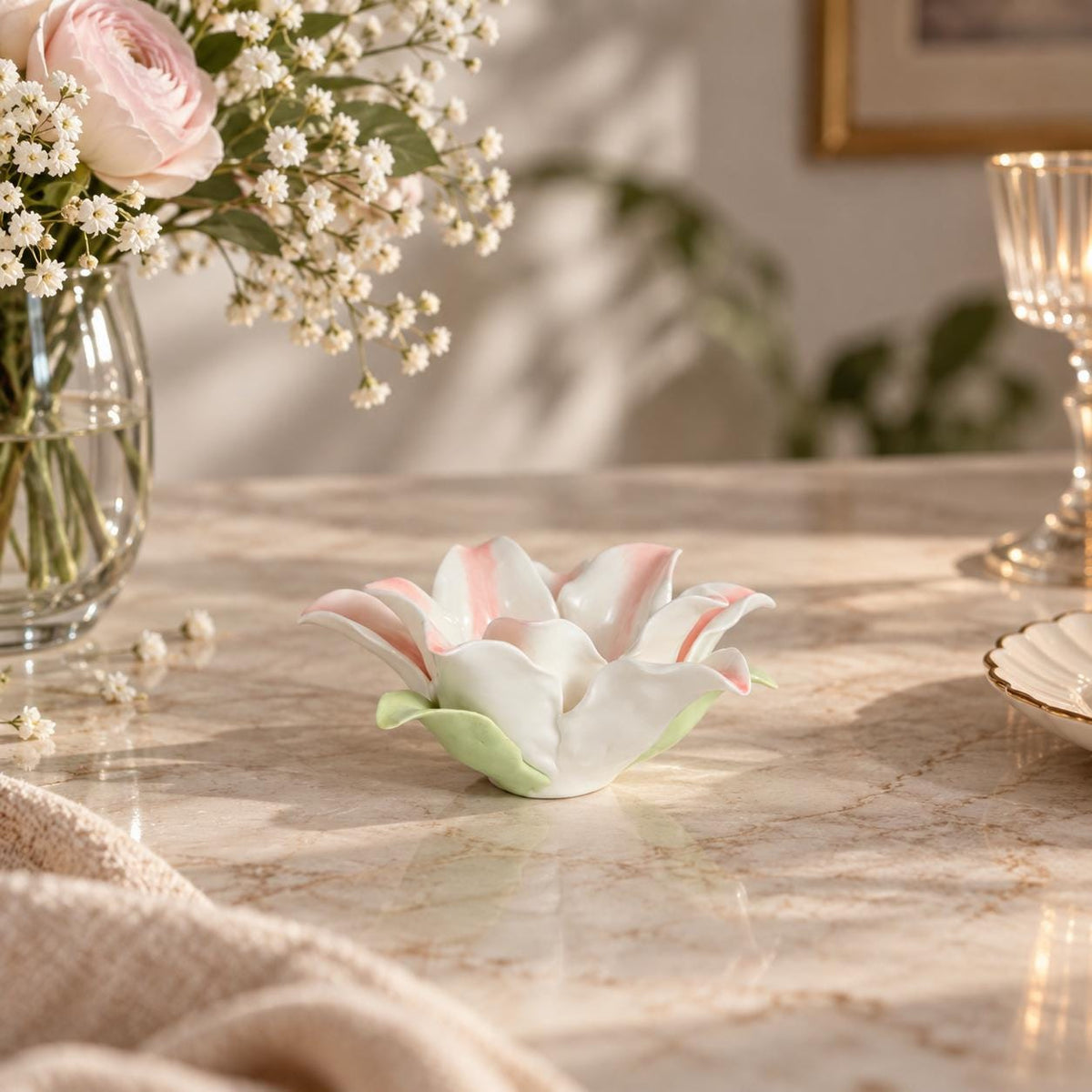 Handmade Pink and White Ceramic Lily Flower Candle Holder product photo 5