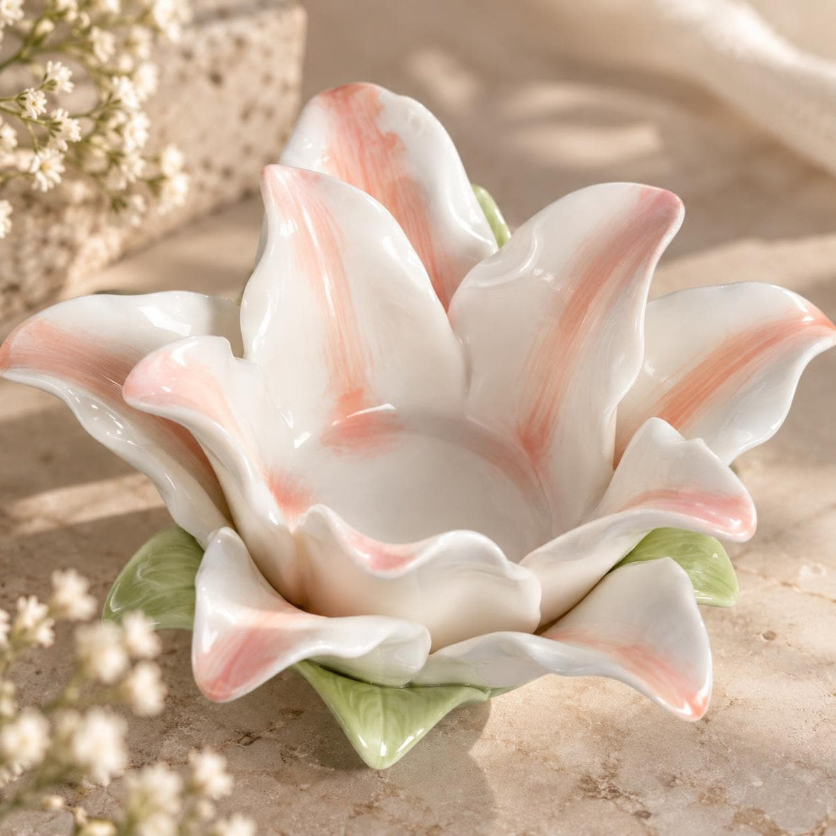 Handmade Pink and White Ceramic Lily Flower Candle Holder product photo 3