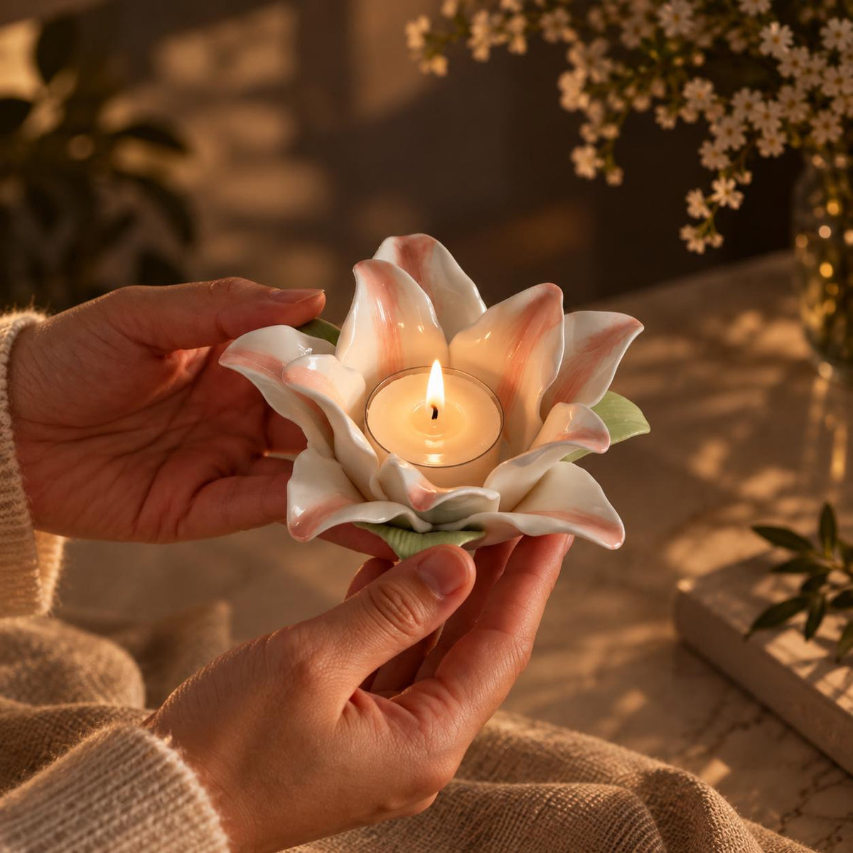 Handmade Pink and White Ceramic Lily Flower Candle Holder product photo 6