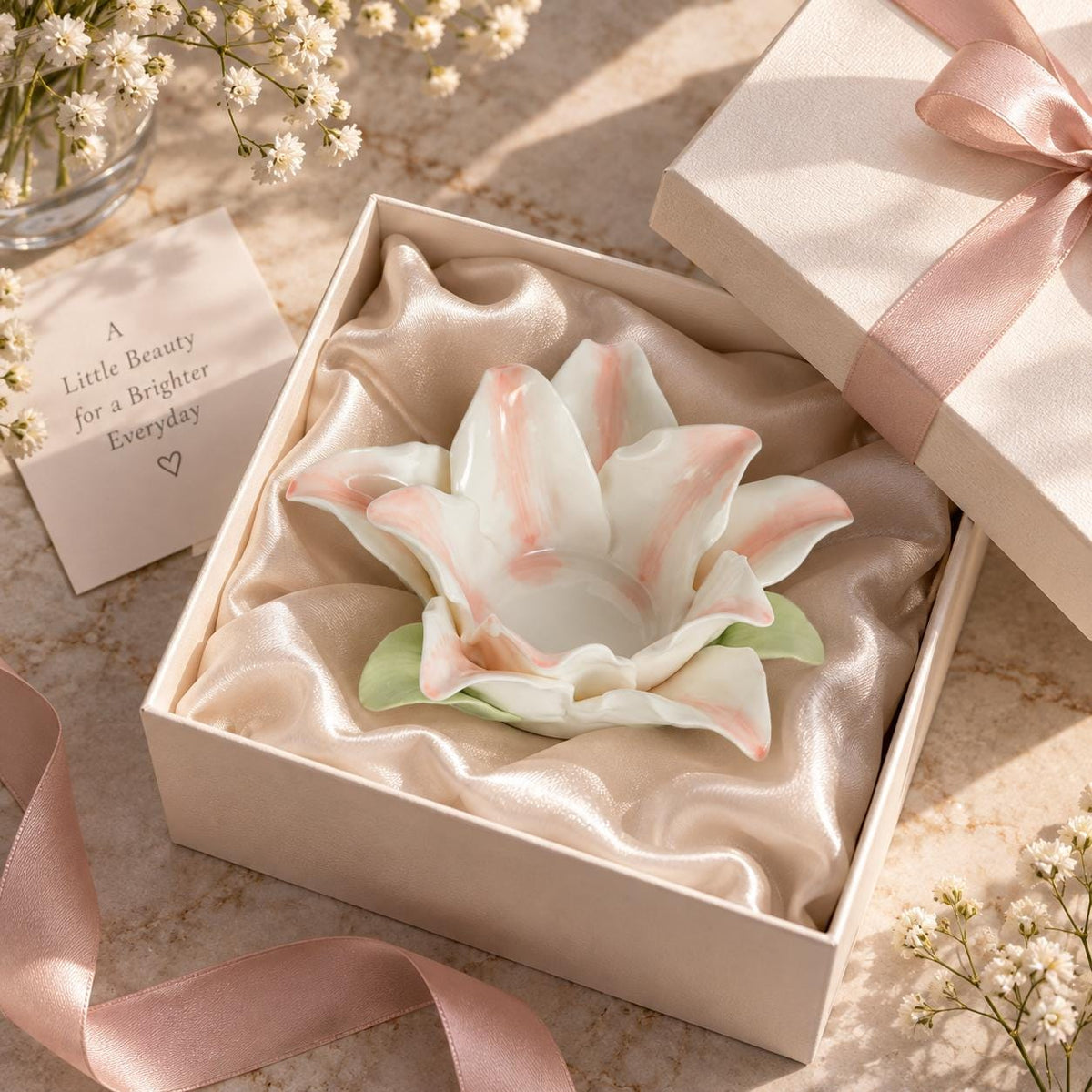 Handmade Pink and White Ceramic Lily Flower Candle Holder product photo 7