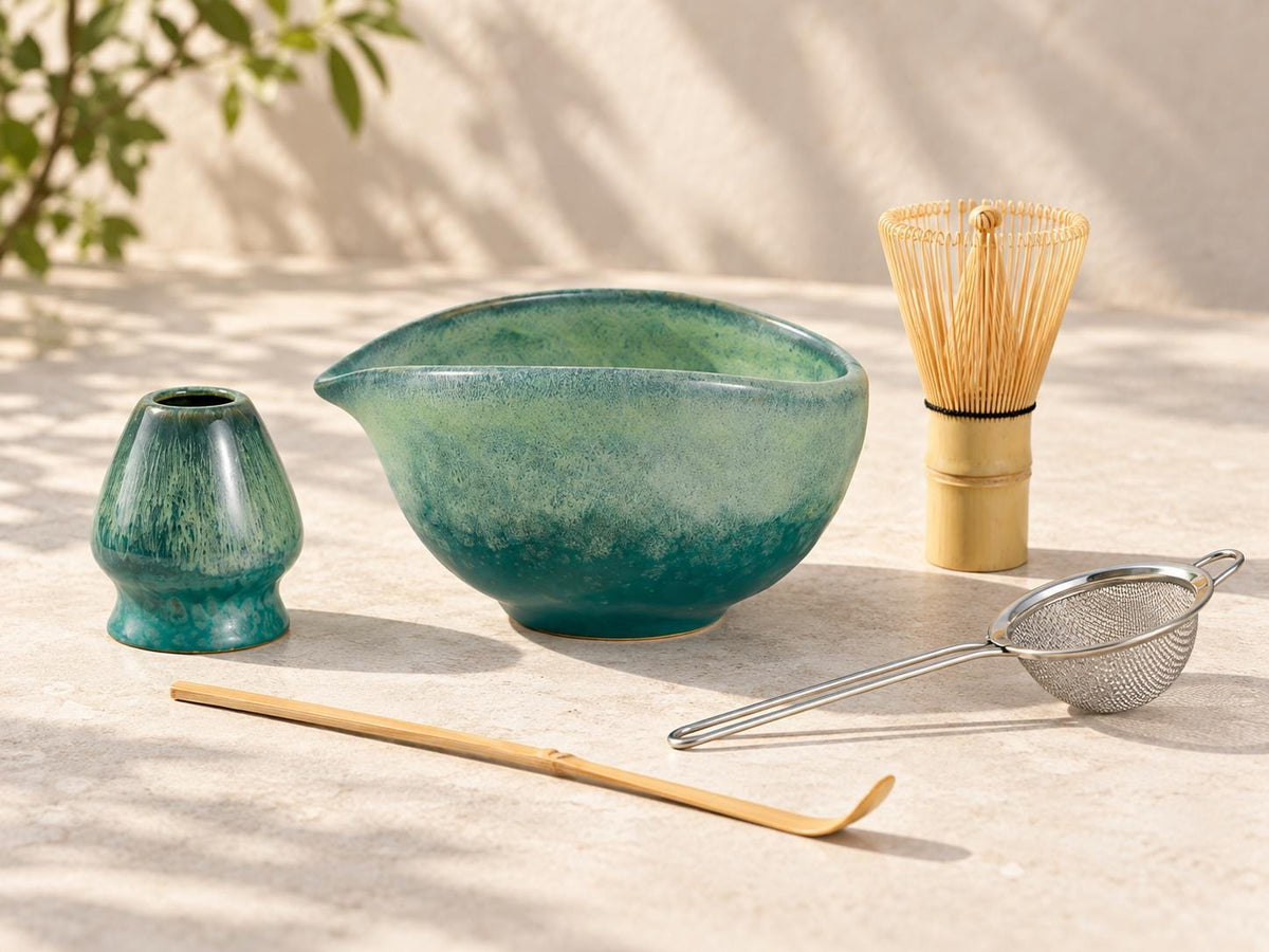 Jade Teal Flow Glaze Matcha Bowl Set product photo 2