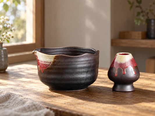 Black Red Natural Glaze Matcha Bowl Set product photo 1