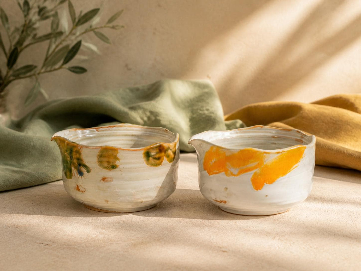 Orange Olive Wavy Rim Matcha Bowl Set product photo 2