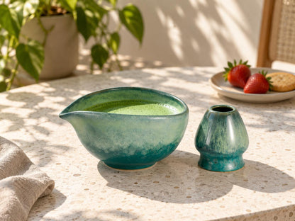 Jade Teal Flow Glaze Matcha Bowl Set product photo 5