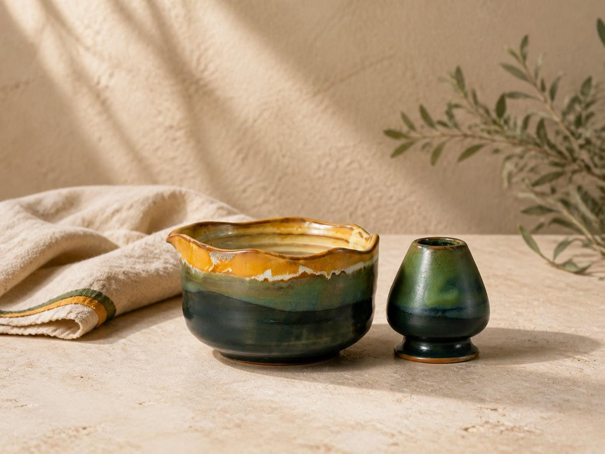 Amber Green Wavy Rim Matcha Bowl Set product photo 1