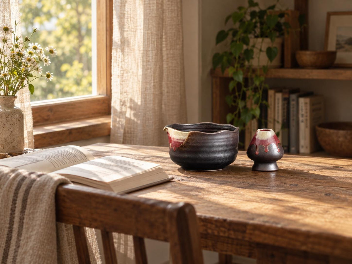Black Red Natural Glaze Matcha Bowl Set product photo 6