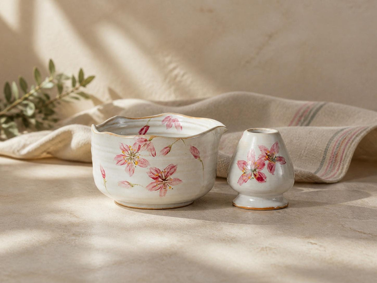 Pink Floral Matcha Bowl with Ceramic Holder product photo 1
